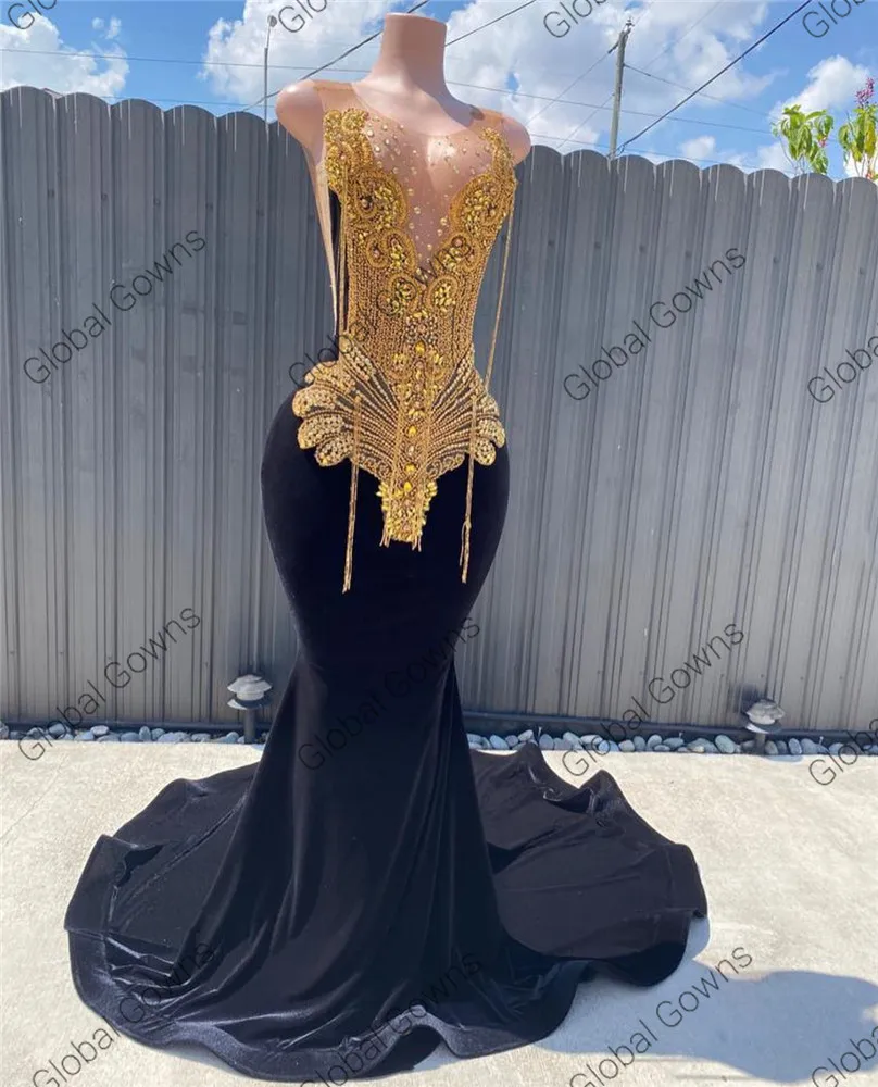 Sheer O Neck Long Prom Gowns For Black Girls Gold Beaded Crystal Birthday Party Dresses Tassel Evening Dress Robe De Customized