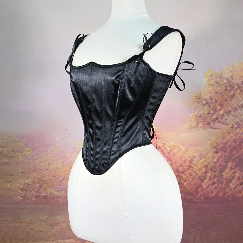Women's Satin Overbust Corset Tops Solid Color Lace Up Corsets and Bustiers with Shoulder Strap Plus Size Body Shaper Lingerie