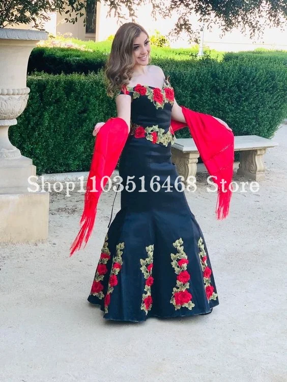 Mexican Embroidered Prom Party Dress Black Satin Elegant Strapless 3D Floral Embroidered Mermaid Party Dress فساتين للمناسبات ال