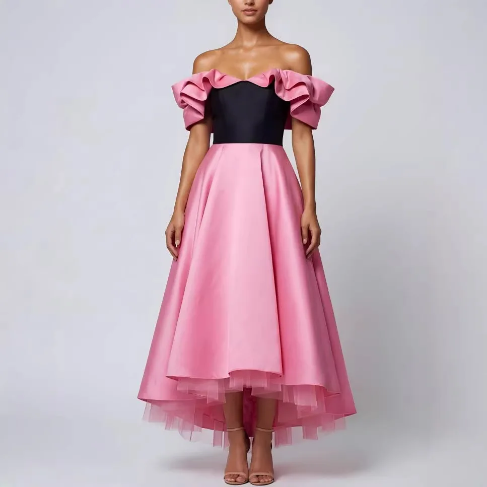 QMANSHA Maßgeschneidertes Rosa & Schwarzes Schulterfreies Couture-Abendkleid mit Rüschen aus Satin, A-Linie Midi-Festkleid für Hochzeitsgäste & Abschlussball – Detail 7