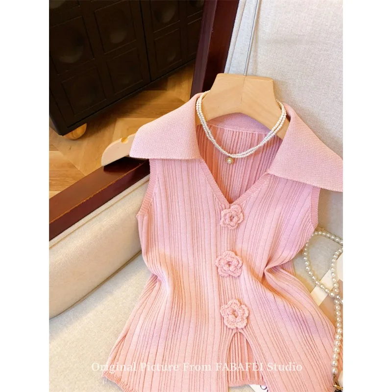 Gilet con bretelle lavorato a maglia con fiori tridimensionali rosa francese Colletto POLO con temperamento sottile estivo da donna Top corto senza