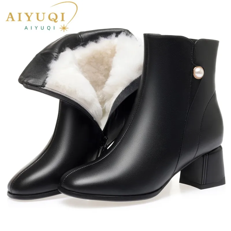 AIYUQI Women Fashion Boots Red Wool Warm Winter Genuine Leather Booties Women Mid Heel Wedding Banquet Dress Boots Women