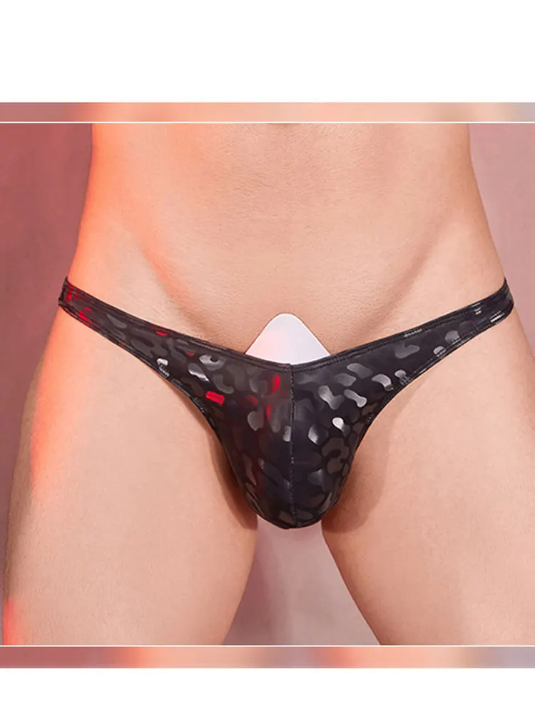 Culotte léopard en PU taille basse pour hommes, voir à travers les fesses évidées, sous-vêtements sexy, lingerie pour hommes, tenue gay, U Bulge Powder, caleçon imprimé