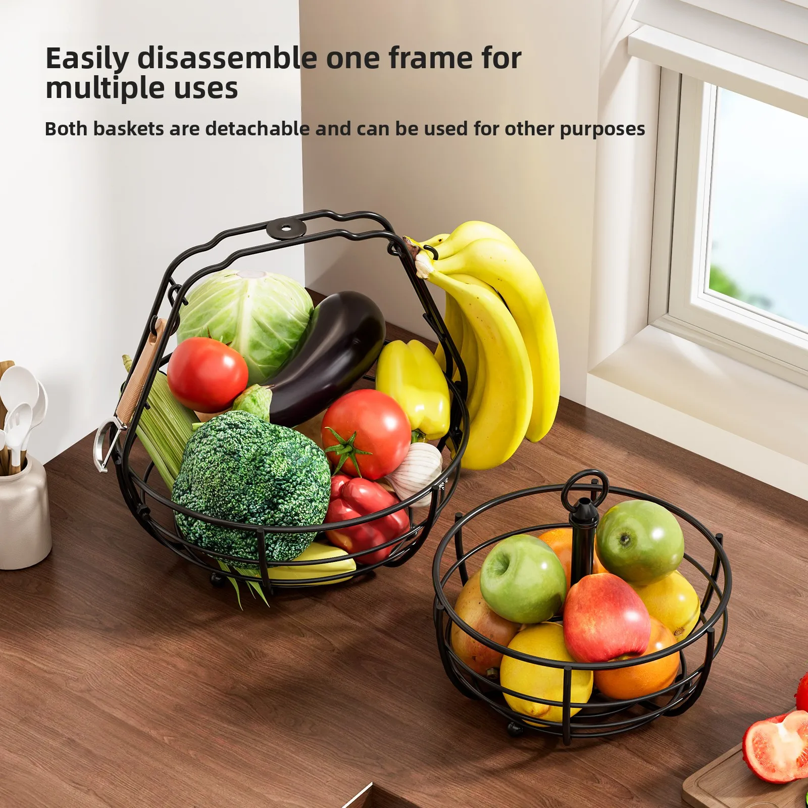 

Durable living room desktop snack storage basket, portable fruit plate, banana hook, wrought iron removable fruit and vegetable