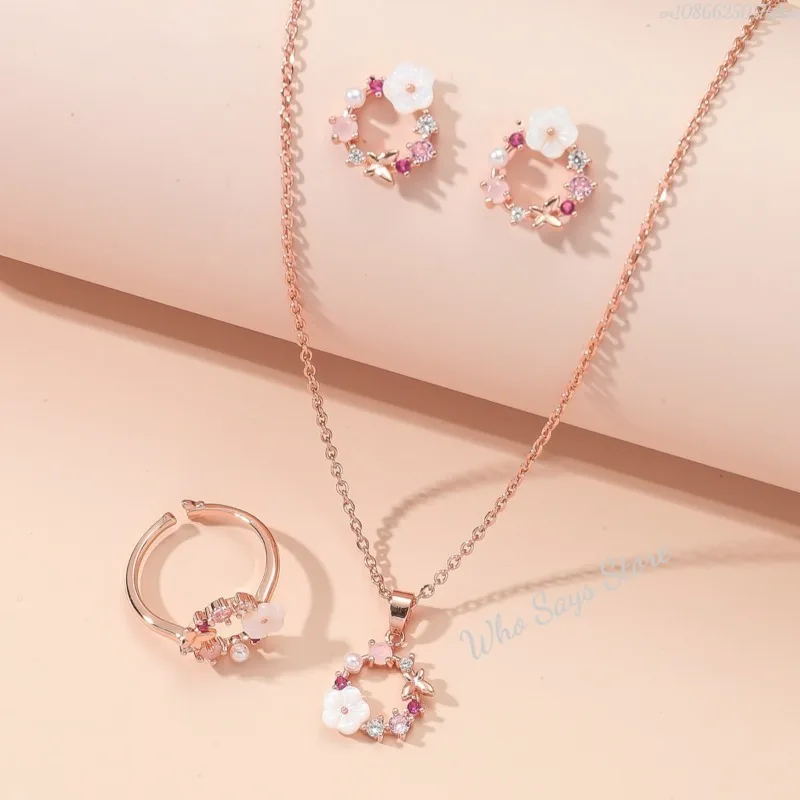 4pcs/set Rose Gold-color Jewelry Set Lady Flower Fashion Accessories Zircon Simple Ornate Exquisite Necklace Ring Earrings