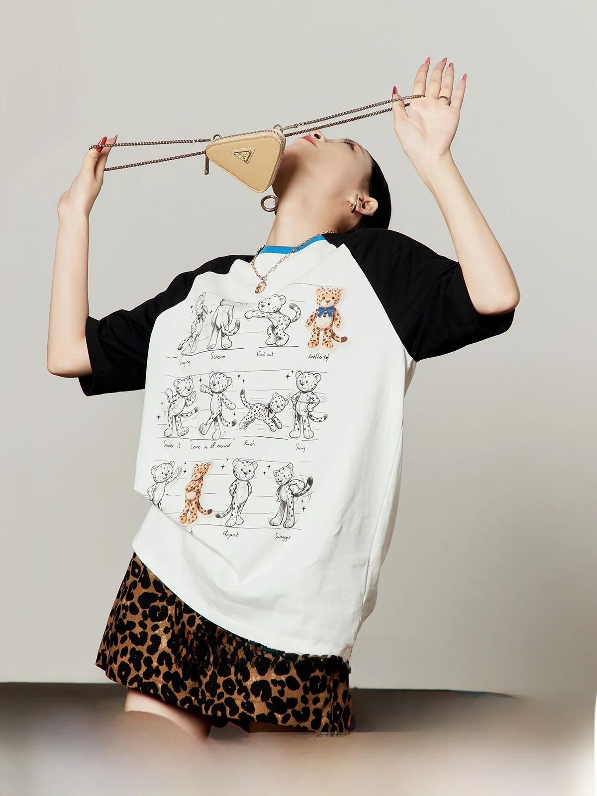 

Color Block Contrast Summer T-Shirt Women's Loose Fit Short Sleeve Print Cute Leopard Pattern Casual Style round Neck Top