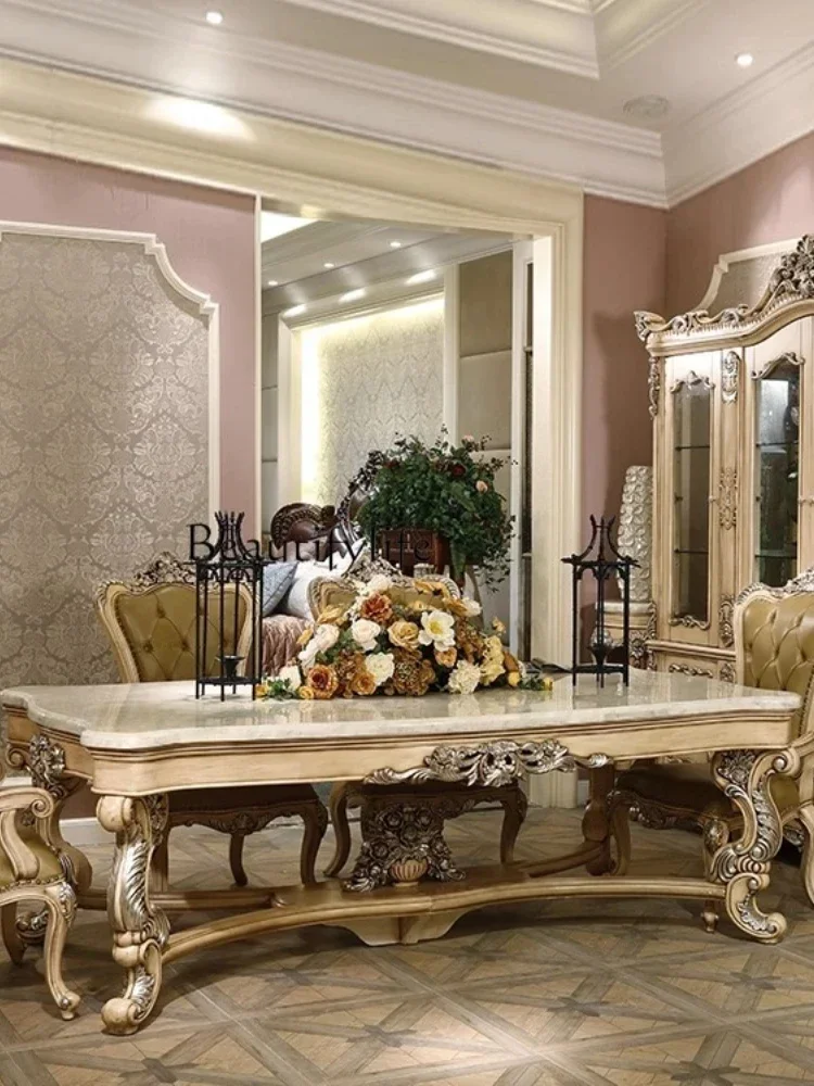 

09all solid wood dining table and chair combination European style silver tracing old