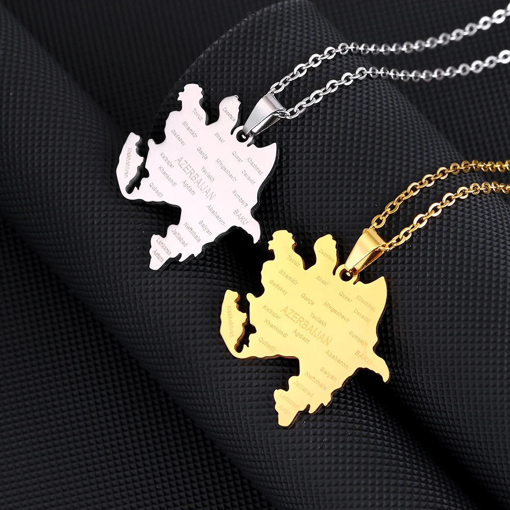 

Fashion Azərbaycan Map City Pendant Necklace Stainless Steel Gold/Steel Color Ethnic Map Jewelry Azerbaijan Men Women Gift