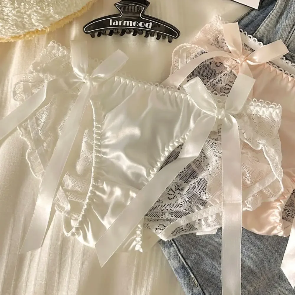Solid Color Lace Bow Underwear Breathable Hollow Out Female Lingerie Low-Waist Qualit Satin Ruffle Panties Underwear Brief image 5