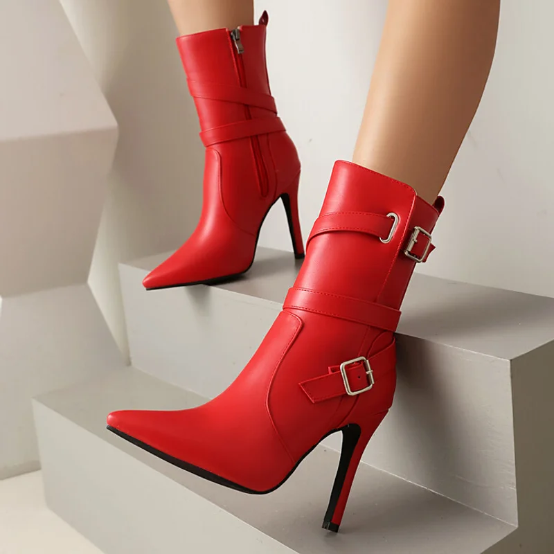 2026 Autumn Winter Stiletto Heel Ankle Boots Women Pointed Toe Buckle Side Zipper Boots Fashionable Women's High Heels