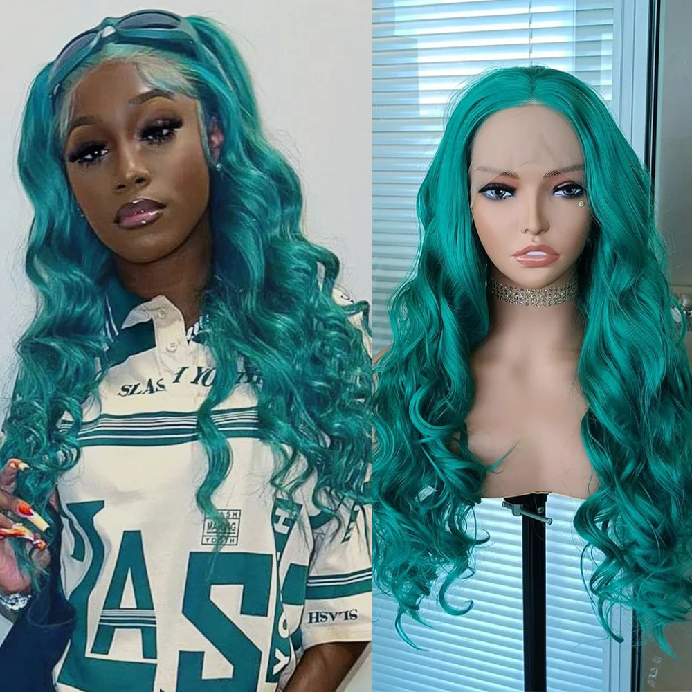 Dark Green Wig 13x4 Synthetic Lace Front Wigs for Women Long Body Wave Wig Teal Green Straight Hair Heat Resistant  Daily Wear