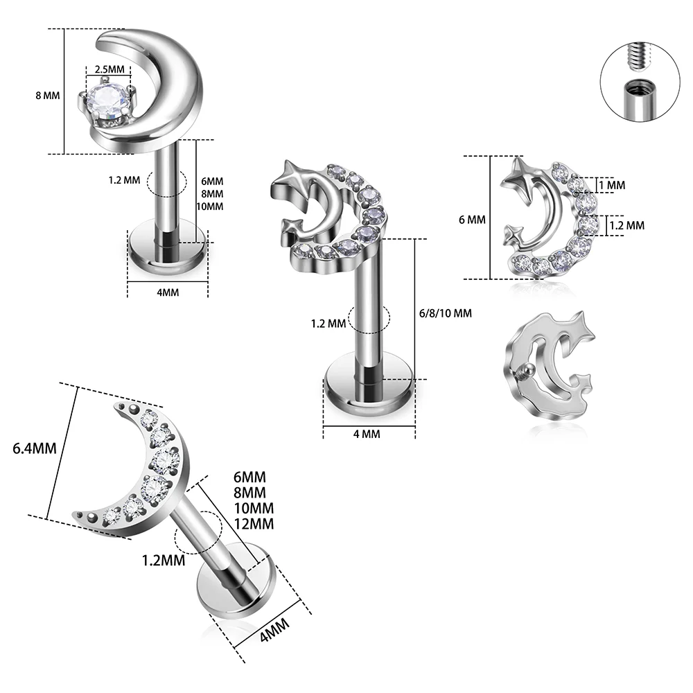 G23 Titanium Tassel Chain Labret Set Internally Threaded Helix Tragus Cartilage Conch Septum Lip Piercing Jewelry