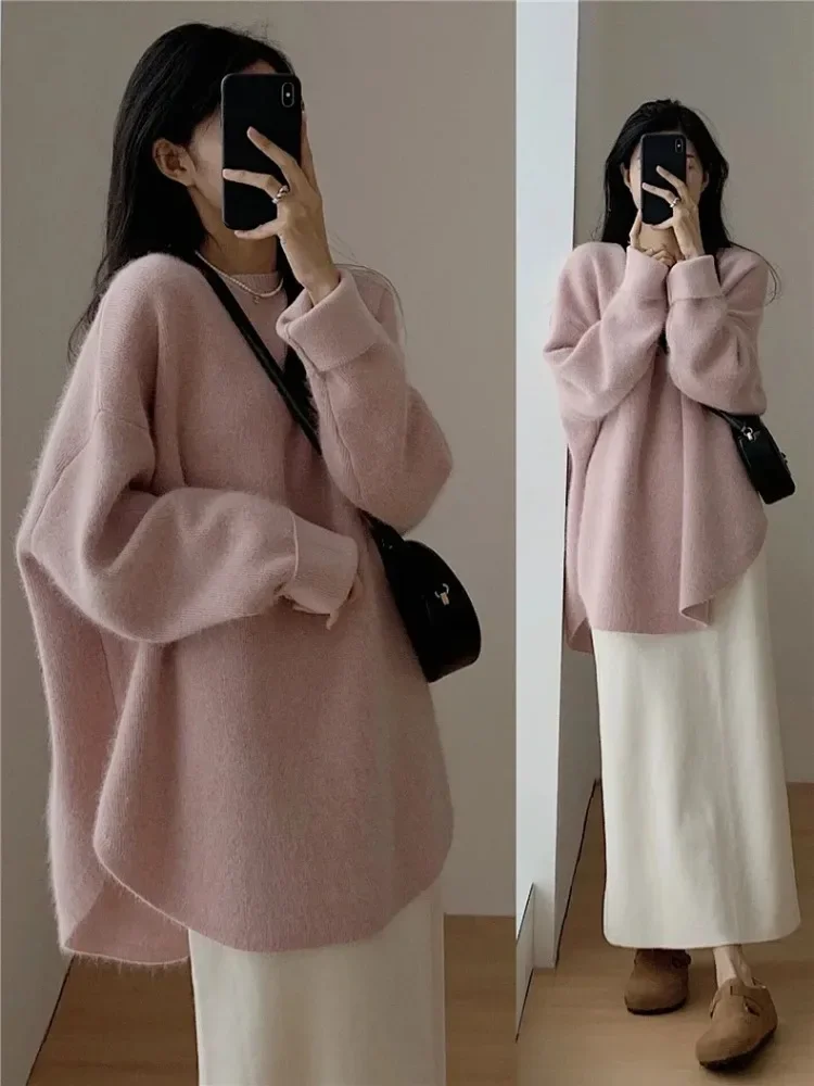 Women Loose Cashmere Sweater Korean Mid Length Knitwear Vintage French Solid Oversized Pullover Autumn Winter Turtleneck Sweater