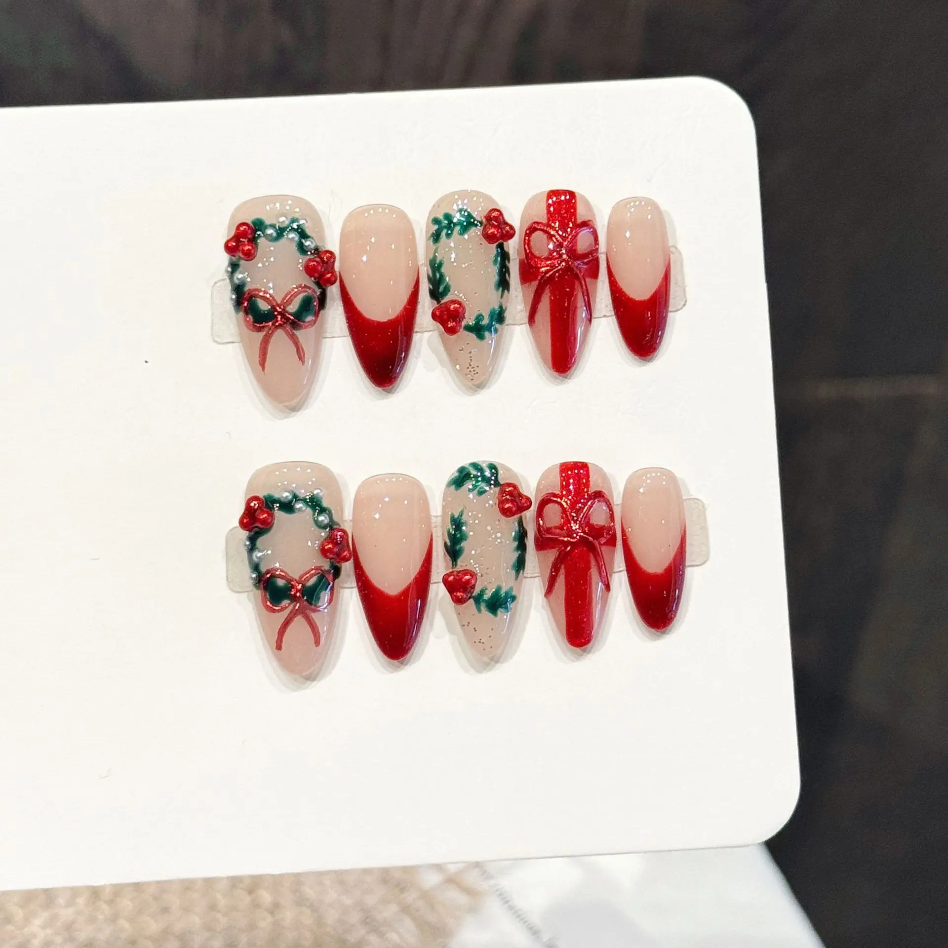 10Pcs Christmas Red Nude Medium Almond Press On Nails with Floral Bow Design Holiday Nail Art With 4-PIECE Tool Adhesive Nail