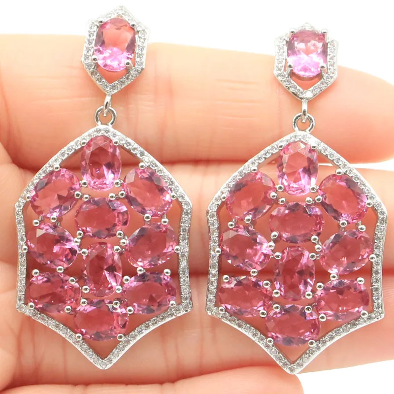 

53x26mm Gorgeous 13.7g Pink Tourmaline Green Peridot White CZ Females Dating Silver Earrings