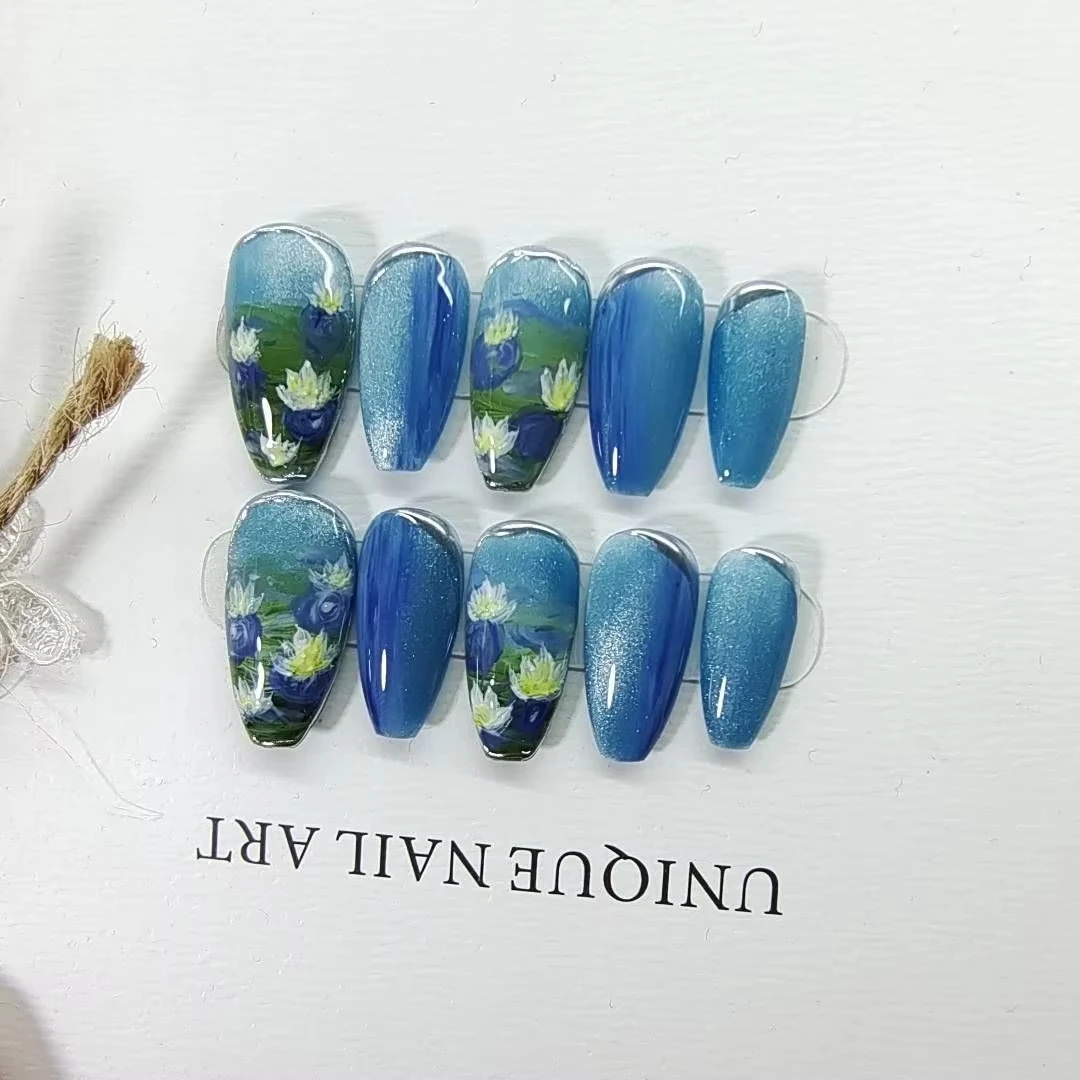 

Water lily oil painting custom press-on nails, hand-painted elegant and exquisite false nails, reusable high-quality nails