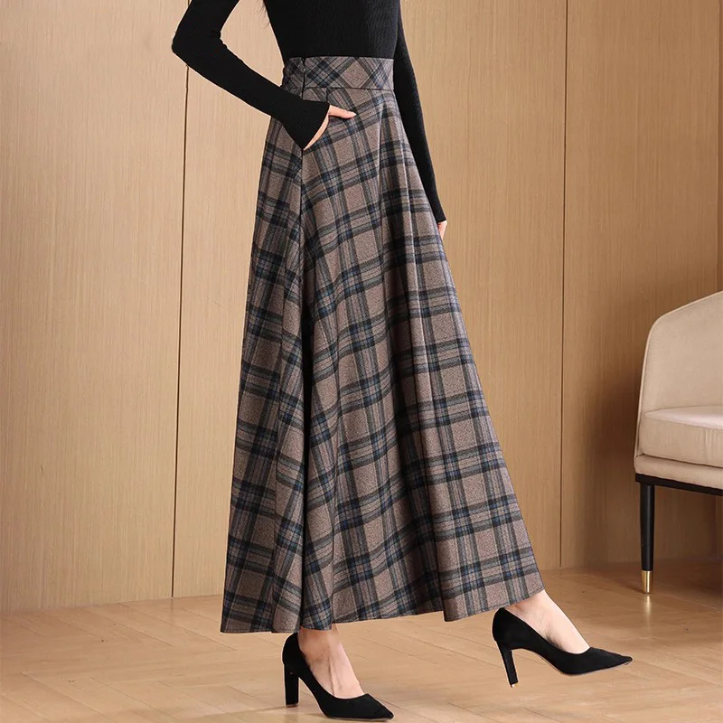 신상 여성 심플 체크 롱 스커트 가을 패션 하이웨이스트 A라인 쉬운 매치 스커트 대비 색상 캐주얼 스커트 여성용