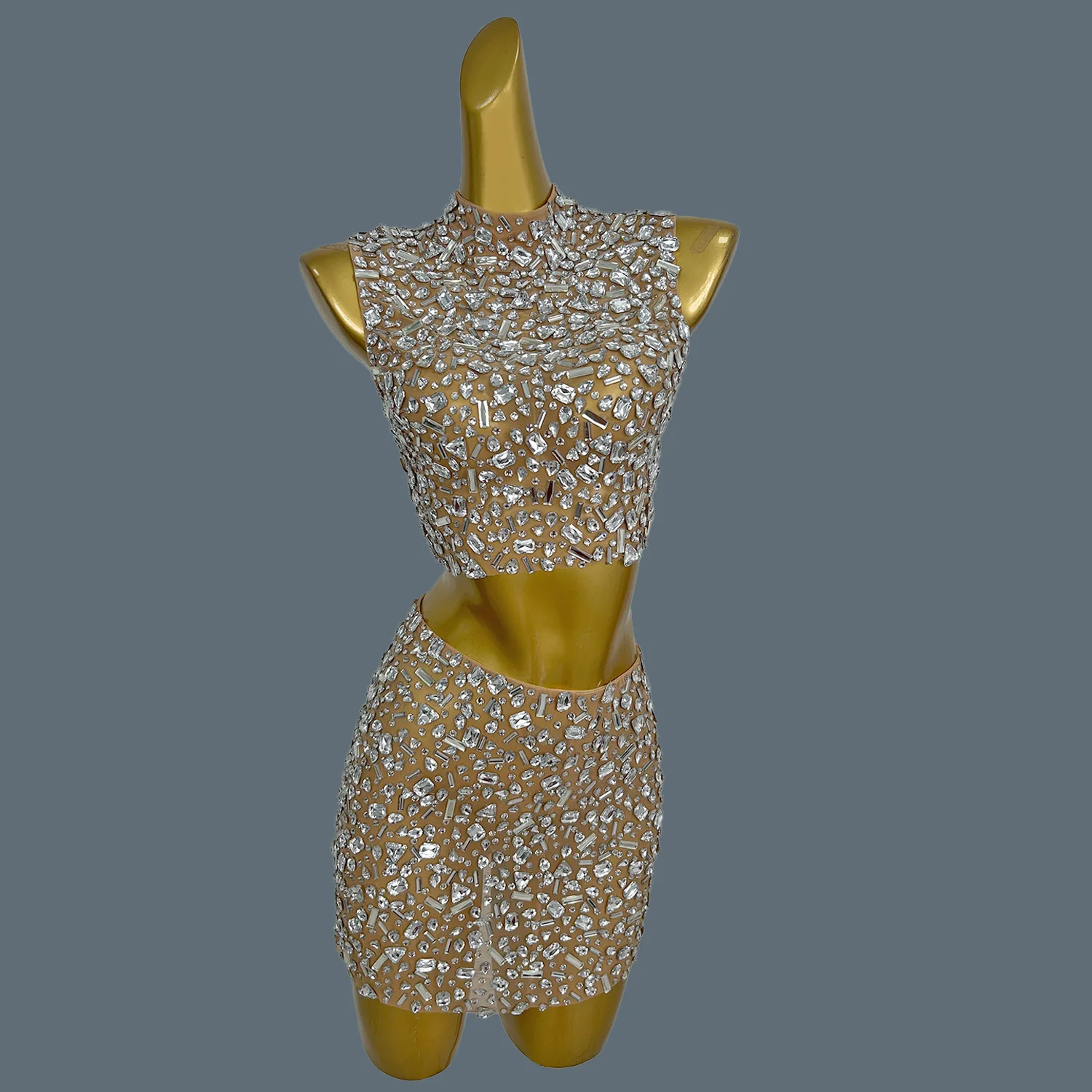High-end Sparkly Crystals Backless Crop Tops Mini Skirt 2Pieces Set Sexy Women See Through Mesh Festival Party Outfit Shihualuo