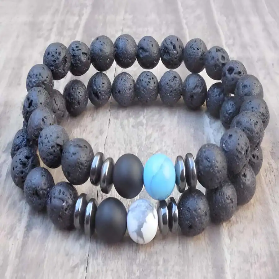 2pcs 8mm volcanic stone turquoise white turquoise bracelet Stone Mala Zen Buddha Men's Bead tassel Gemstone Bodhi Sacred