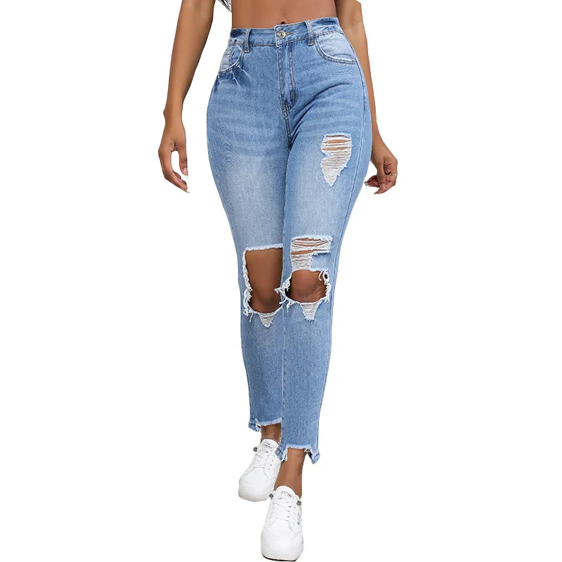 Women Jeans Holes Distressed Pencil Pants Denim Pockets Sexy High Waist Washing Zipper Fly Slim Fit Ankle Length Summer