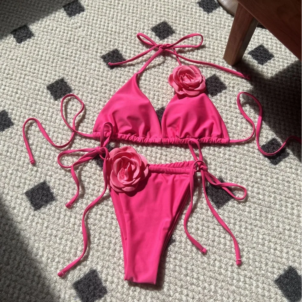 Lovely with Rose Bikini Set Backless Sexy Two Pieces Swimsuit Solid Color Bathing Suit