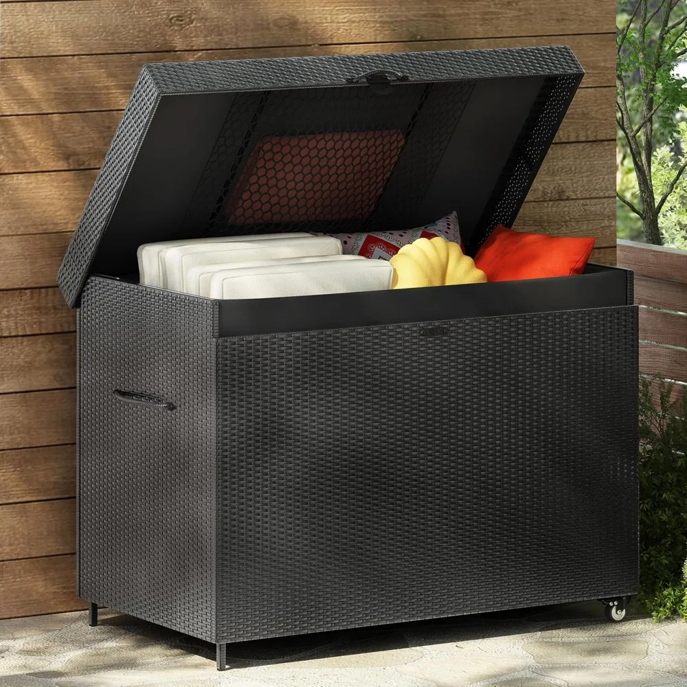 

230 gallon wicker deck box with wheels - large outdoor storage cabinet for patio furniture and pool supplies - secure, portable