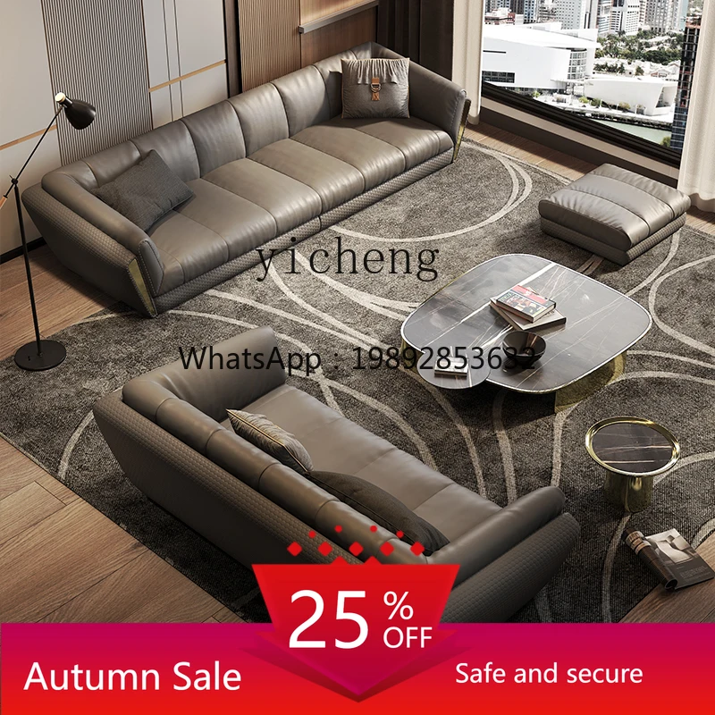 

Minimalist leather sofa three people four people straight row first layer cowhide simple modern light luxury sofa