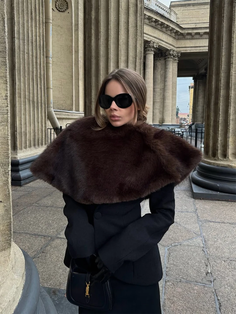 Vrouwen Luxe Nepbont Sjaal Chic Solid Patchwork Ronde Hals Brede Schouders Korte Mantel Jas Mode Dame Herfst Straat Outwears