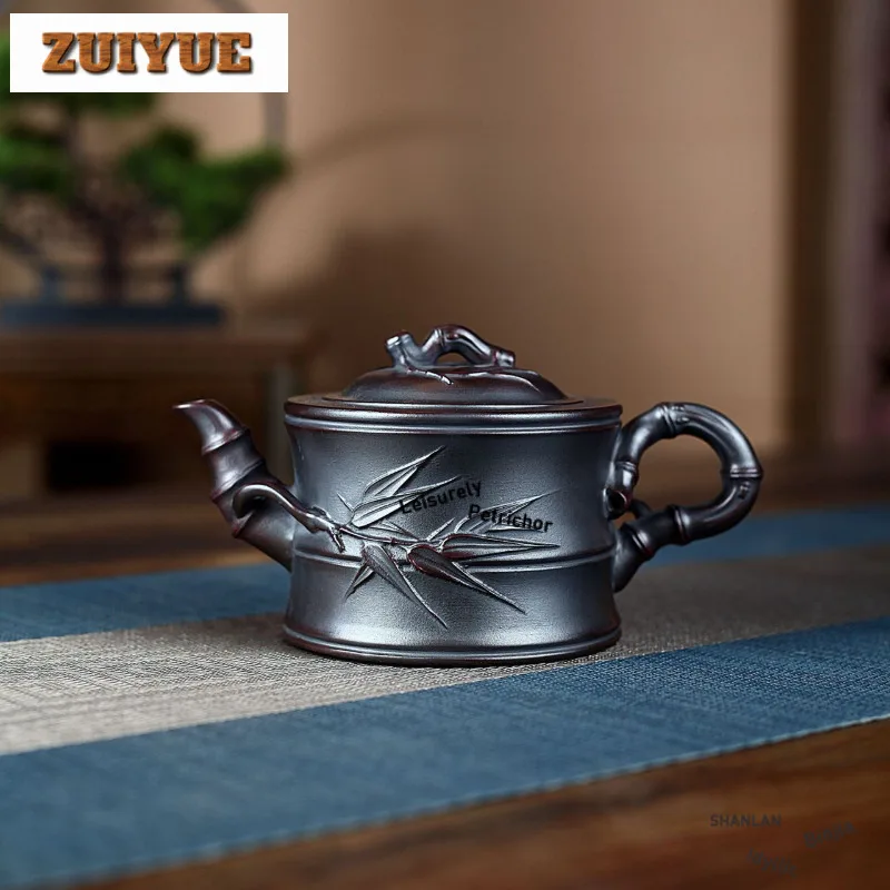

320ml Zen Yixing Purple Clay Teapots Handmade Bamboo Section Pot Raw Ore Antique Brass Mud Kettle Chinese Zisha Tea Set Teaware