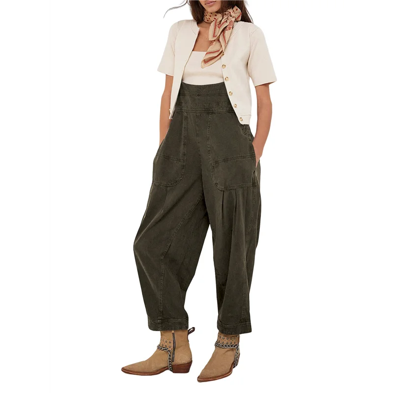 ABP-mono mameluco ajustable de mezclilla sin mangas lateral informal suelto para mujer con bolsillos