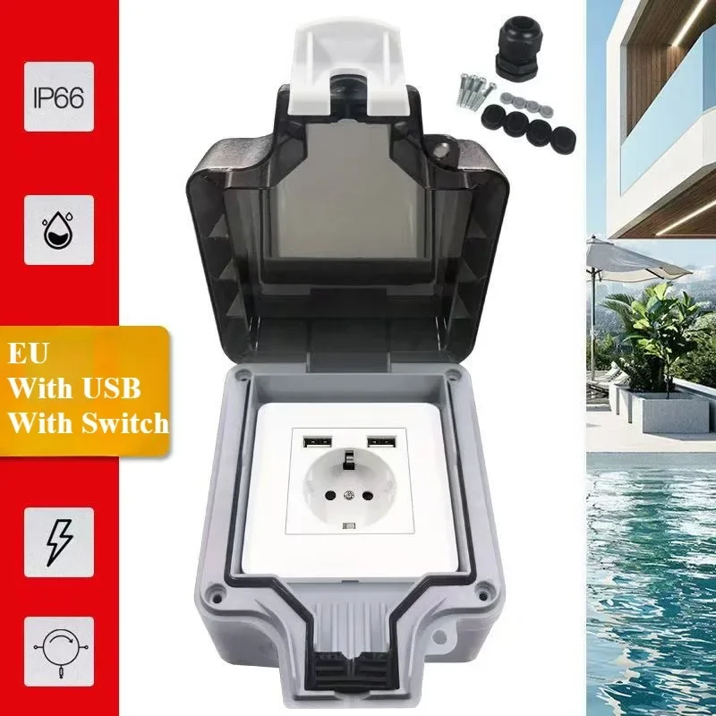 

IP66 EU Outdoor Weatherproof 16A Grounded 250V Power Socket Waterproof Wall Socket With Switch USB Germany Standard DIY GO