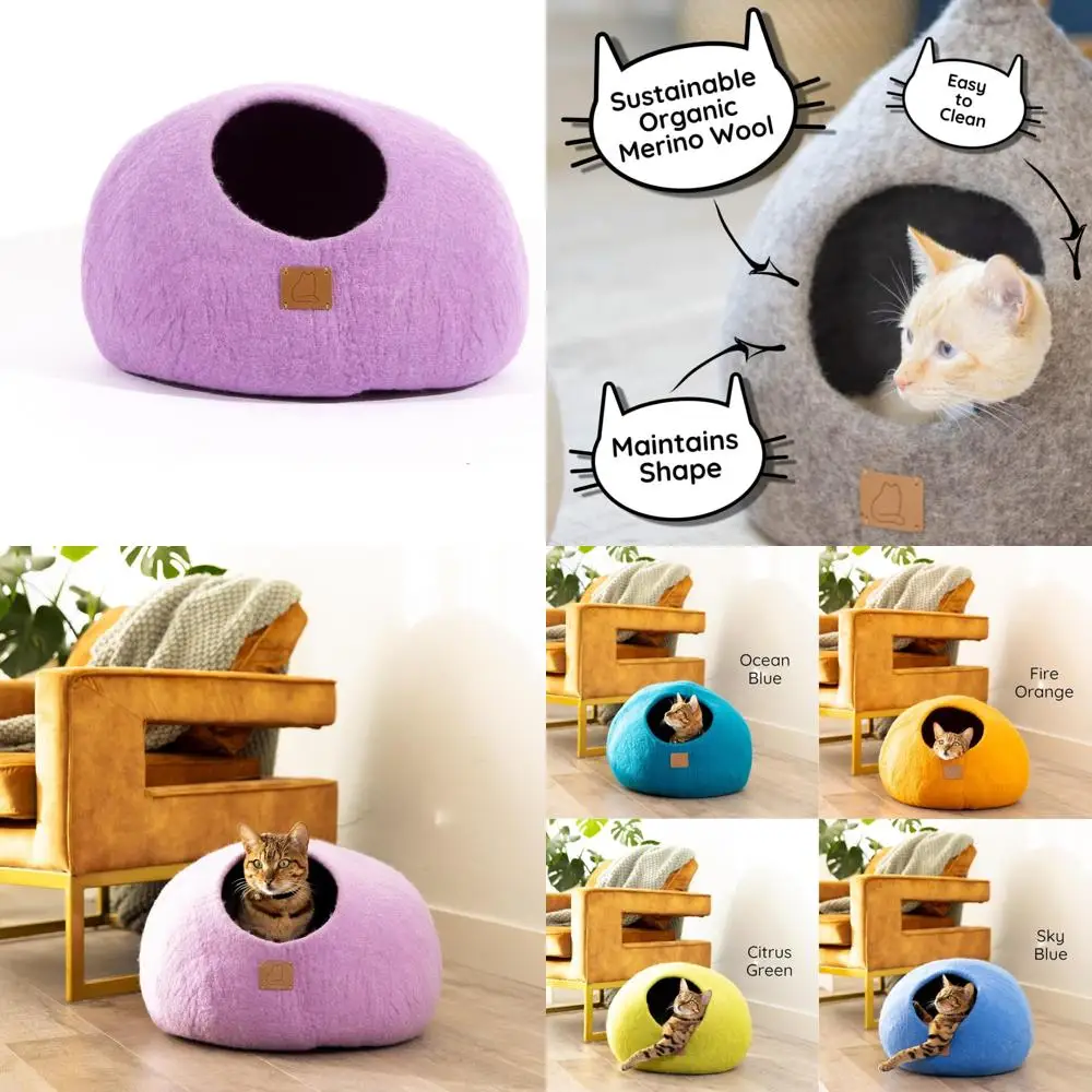 

Luxury Felt Wool Cat Cave Bed - Spacious Round Hideaway for Comfortable Rest for All Size Cats, Lilac Purple