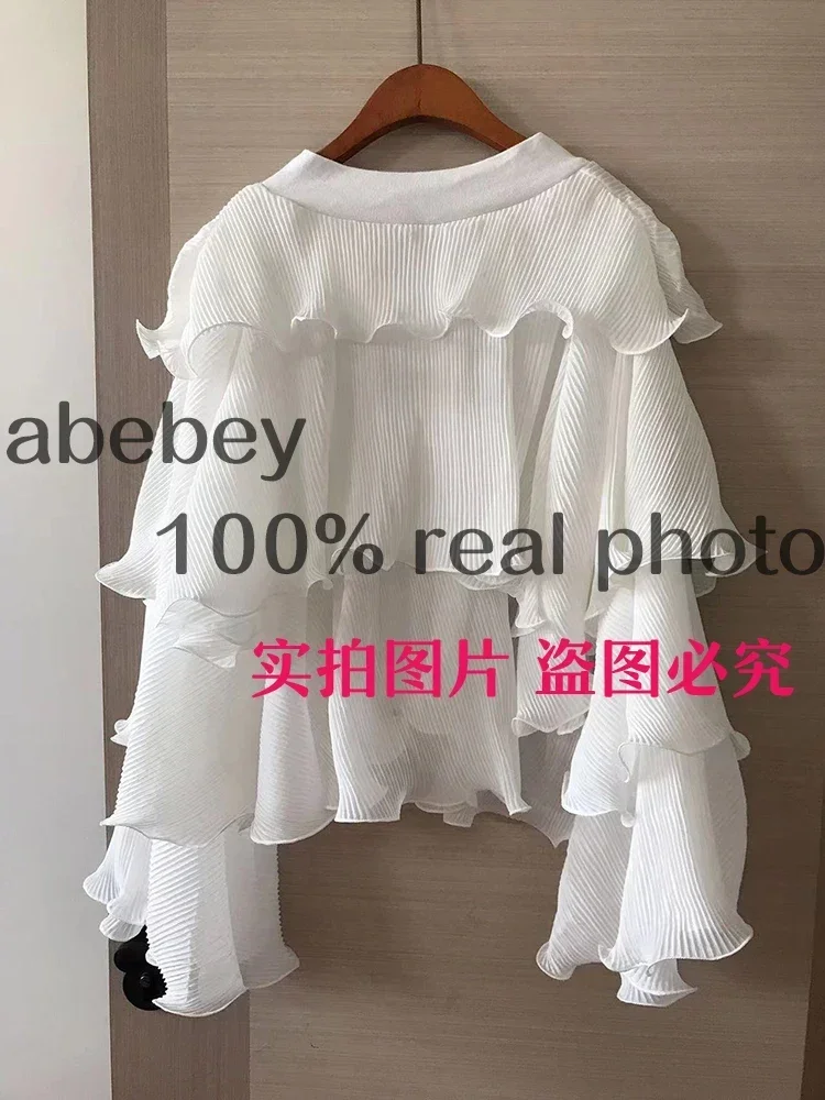 2025 Striped Patchwork Ruffle Blouse For Women V Neck Long Sleeve Elegant Shirt Female Fashion Clothing Spring