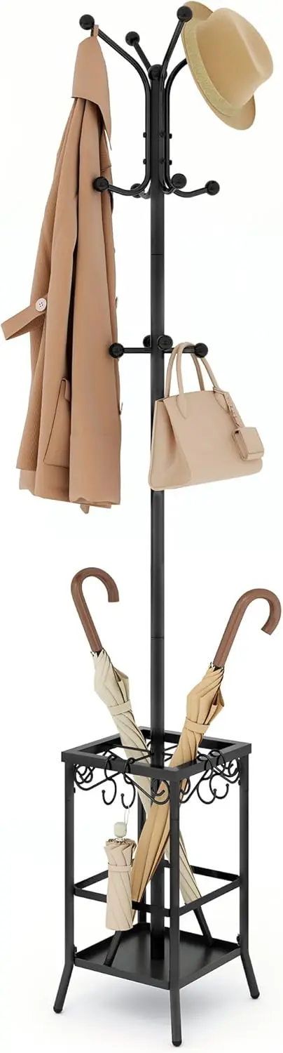 

Freestanding Metal Coat Rack with 12 Hooks, Umbrella Holder for Entryway, Home Office Hat Stand in Black