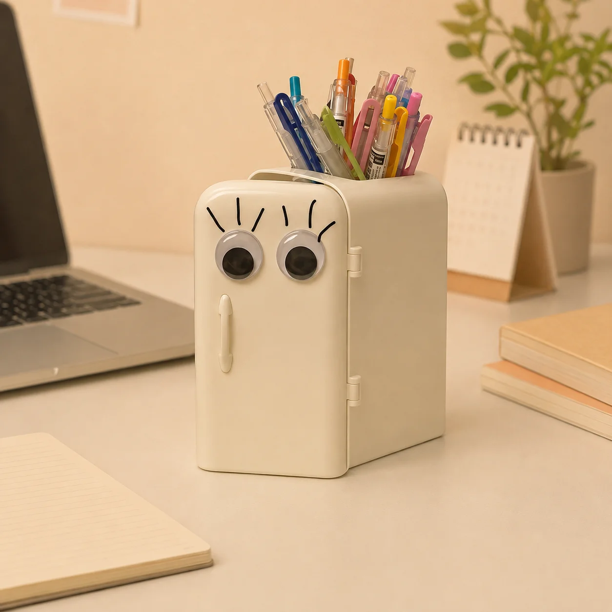Cute Cartoon Refrigerator-Shaped Desktop Pen Holder Multi-Functional Stationery Storage Box with Drawer for Office School Desk
