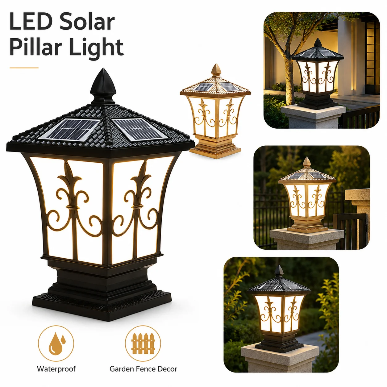 Retro Solar Pillar Lantern Outdoor Waterproof LED Column Light Remote Control Adjustable Color Timer Round Solar Light