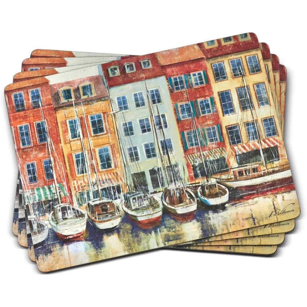 Pimpernel Boat Scene Collection Placemats,Set of 4,Heat Resistant Mats,Cork-Backed Board,Hard Placemat Set Dining Table