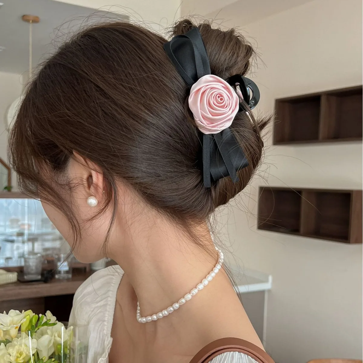 1 Stück elegante und süße rosa Rosenbogen-Haarklammer für Mädchen, Temperament-Haarnadel, seitlicher Clip, Haargummis, Haar-Accessoires.