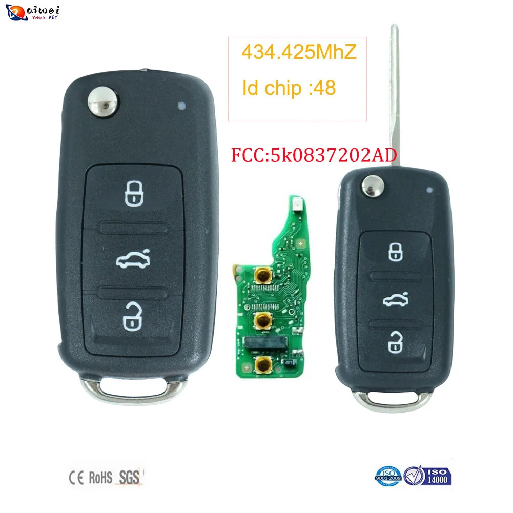 

ID48 434.425MHz FCC:5k0837202AD New 3-Button Flip Car Smart Key for Volkswagen VM753AB 202AB 202AD 735N 202Q With Battery