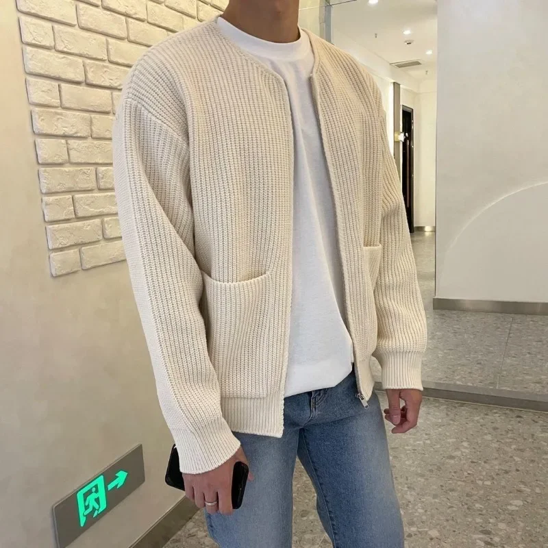 Men\'s Solid Color Slim-Fit Cardigan Zipper Sweater Autumn and Winter Sweater Coat Top Men Long Sleeve Stand Collar Sweater Coat