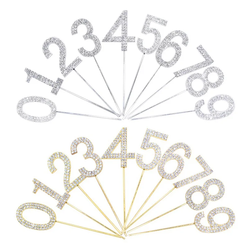 Number 0-9 Set Shiny Gold/Silver Rhinestone Number Cake Topper Alloy Digitals Dessert Topper Decorative Wedding Birthday Supplie