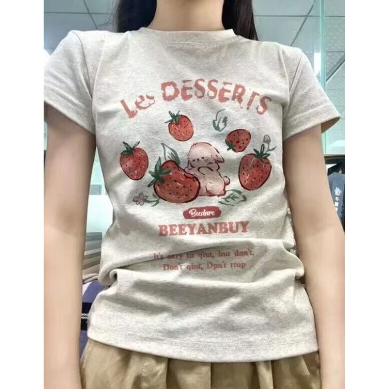 Y2k Aesthetic Summer New Cartoon Strawberry T-shirts Harajuku Short Sleeve Loose OCasual Tops Women O Neck All Match Casual Tees