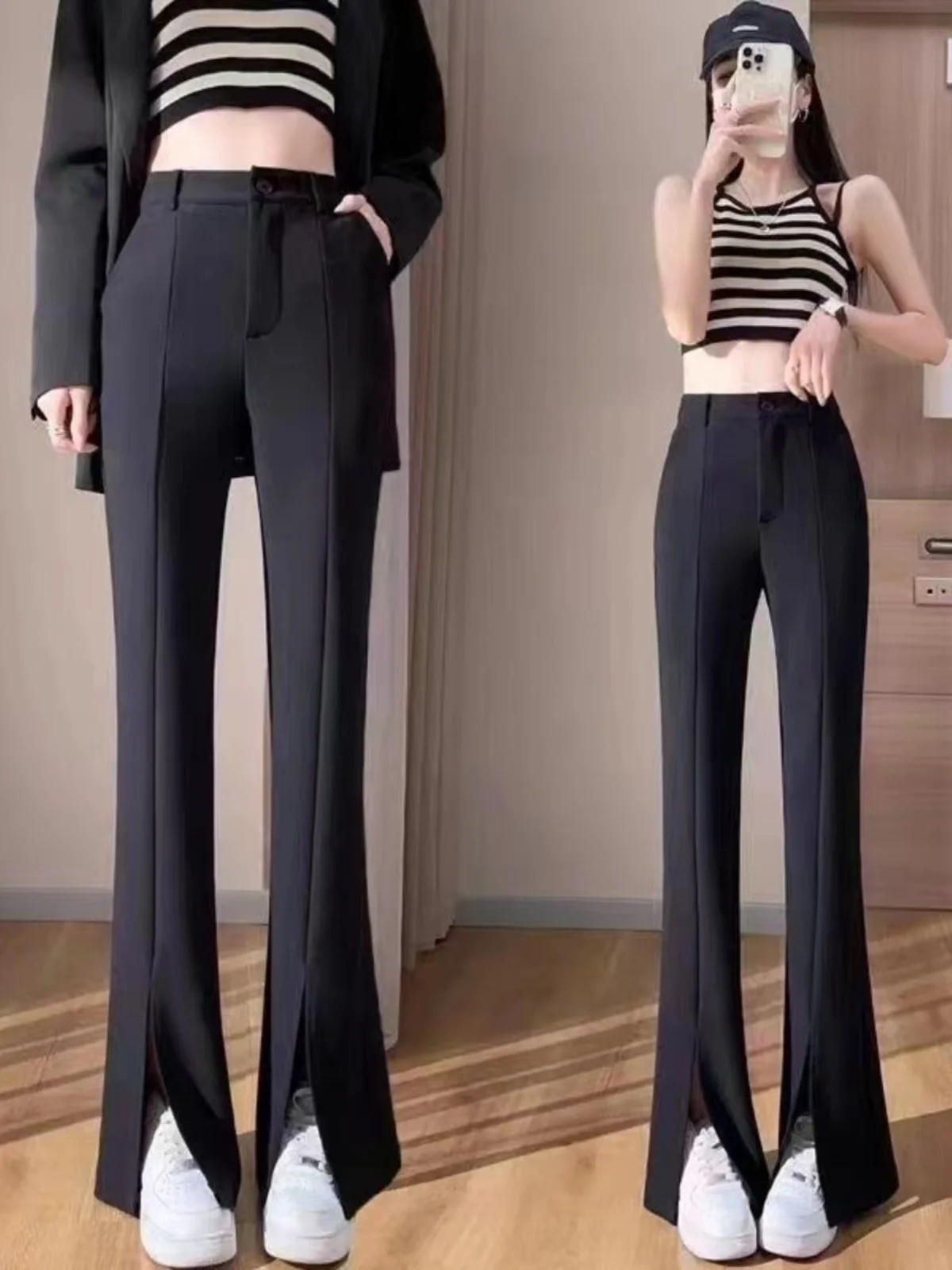 

Женские брюки с высокой талией, слегка расклешенные, повседневные, весна-осень, новые, эластичные, свободного кроя, длинные, для офиса