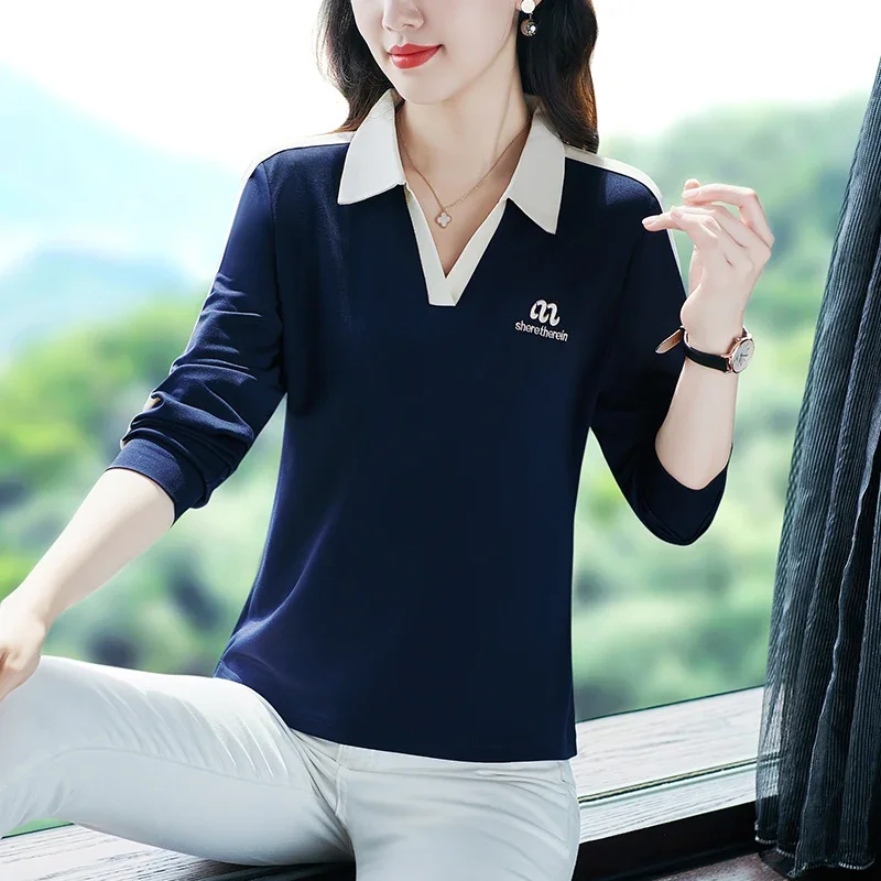 High Quality Women Polo Shirts Fashion V Neck Long Sleeve Tops Casual Shirts Female Turn Down Collar Anti-Pilling Polo Shirt