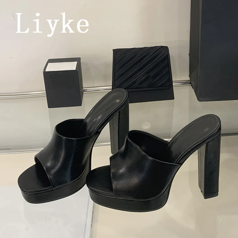 Liyke, zapatillas sexis de tacón alto y grueso con plataforma, zapatos de Mujer de 12CM con punta abierta de cuero PU acogedor en blanco y negro, sandalias, Zapatos de tacón para Mujer