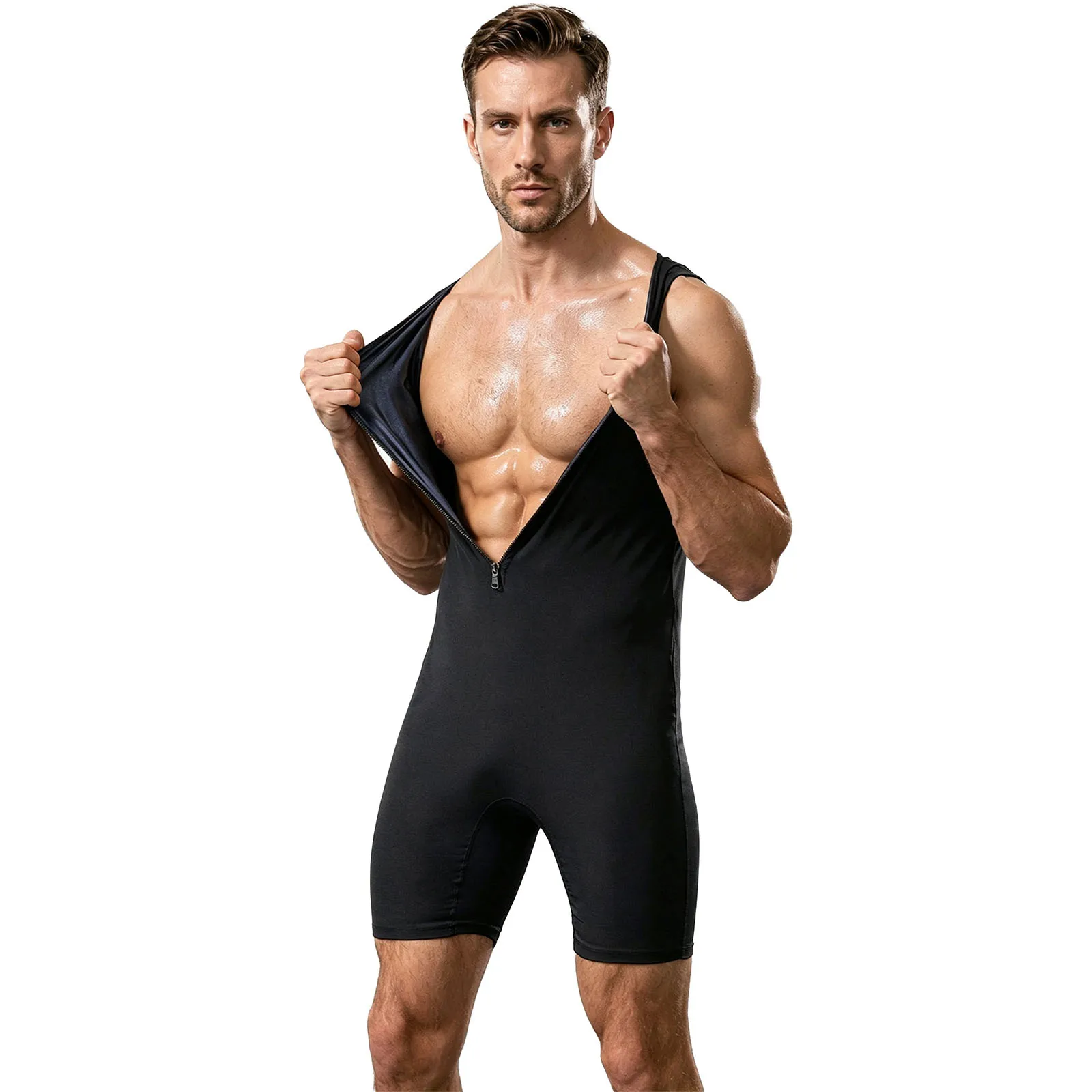 Herren Sauna-Kurzanzug, ärmelloser Jumpsuit für Workout, Sport, Fitness, Radfahren, Jogging, mit Reißverschluss vorne, oberschenkellang. – Detail 12