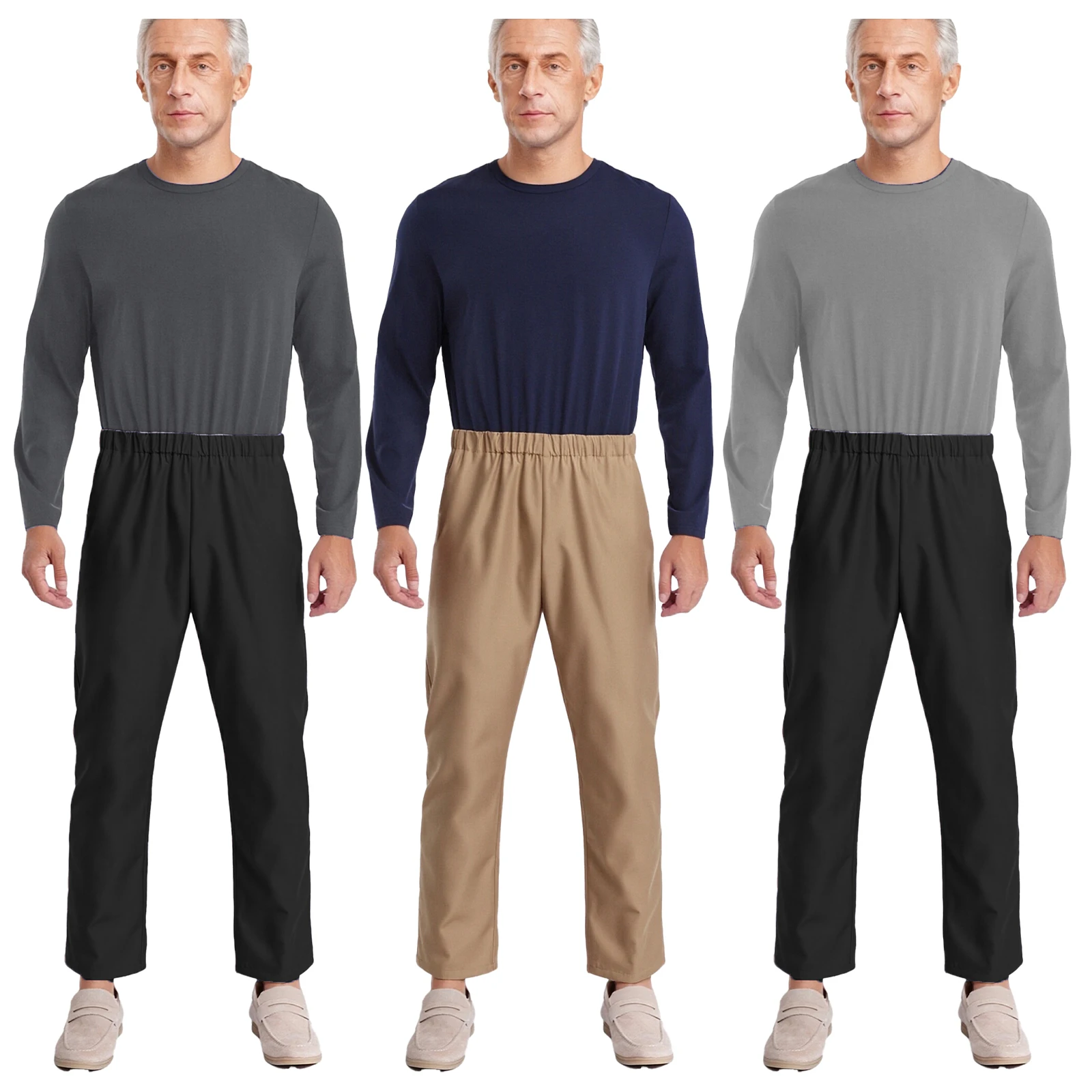 알츠하이머 환자 및 노인 돌봄을 위한 남성용 적응형 점프수트 컬러 블록 디자인 라운드 넥 긴팔 백 지퍼 롬퍼