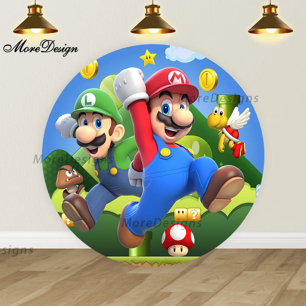 Super Mario Round Backdrop Boys Girls Birthday Party Decoration Peach Princess Circle Covers Baby Shower Photography Background