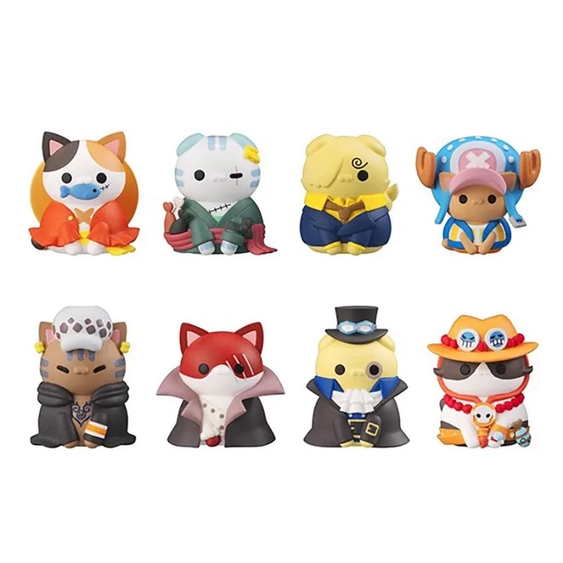 8Pcs Anime One Piece Luffy Figure Zoro Cat Shape Ace Q Version Sabo Desktop Shanks Ornaments Toys Collection Gift Mockup