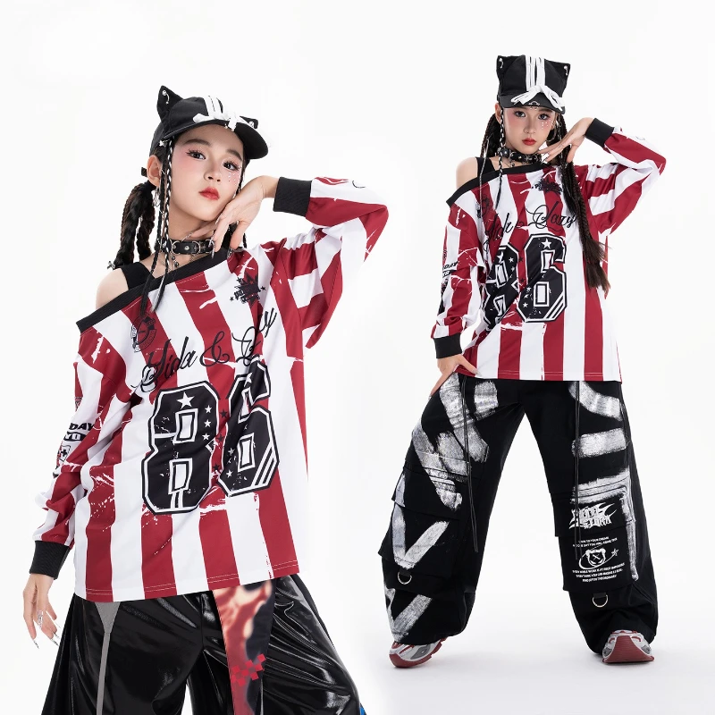 

Girls Jazz Dance Clothes Stripe Long Sleeve T-Shirt Baggy Pants Outfits Hip Hop Street Dance Catwalk Costume Group Stage Wear